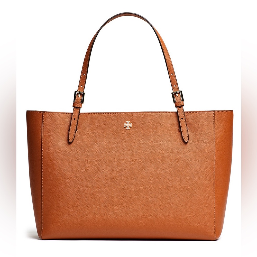 Tory Burch Emerson Small Buckle Tote Saffiano Leather Camel Brown with Dust Bag